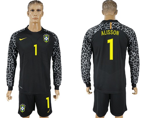 Brazil #1 Alisson Black Goalkeeper Long Sleeves Soccer Country Jersey - Click Image to Close